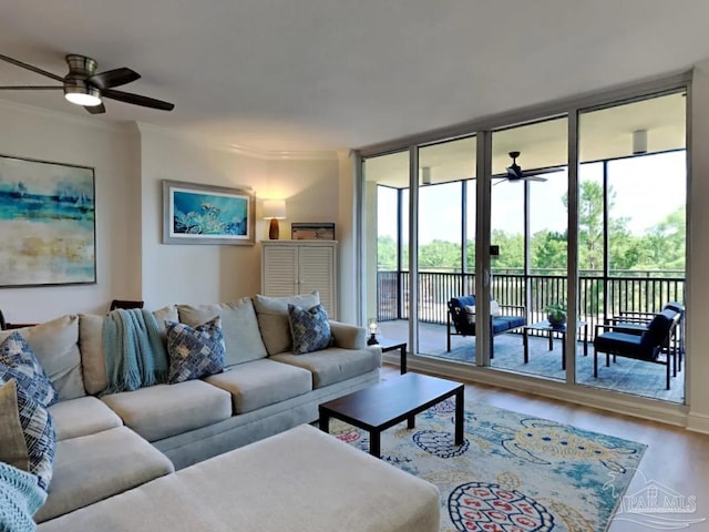 living room featuring ceiling fan, floor to ceiling windows, hardwood / wood-style floors, and ornamental molding