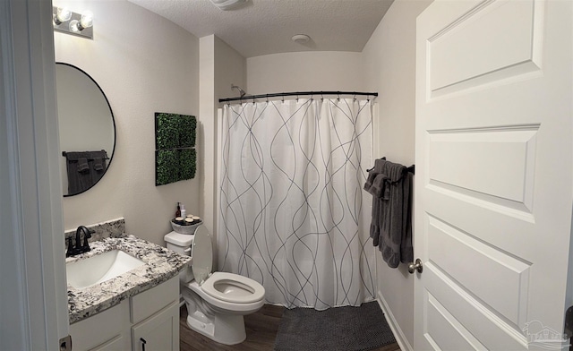 4422 Tiger Oak Ct, Pace, FL 32571 - full bath featuring vanity, a textured ceiling, toilet, wood finished floors, and a shower with curtain