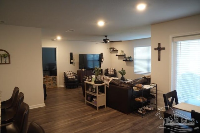 4422 Tiger Oak Ct, Pace, FL 32571 - living room featuring a ceiling fan, wood finished floors, baseboards, and recessed lighting