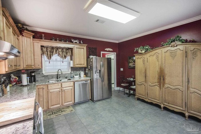 kitchen featuring appliances with stainless steel finishes, crown molding, tasteful backsplash, and sink