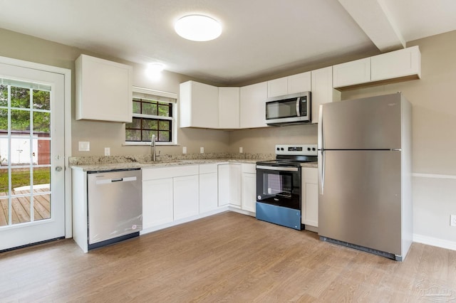 kitchen featuring appliances with stainless steel finishes, a sink, light wood finished floors, and white cabinets