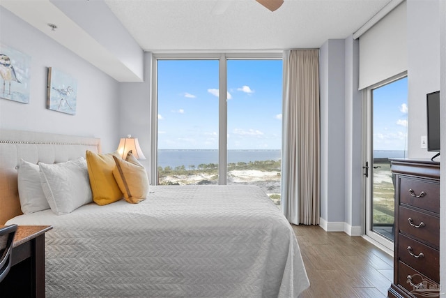 bedroom featuring light wood-type flooring, multiple windows, and ceiling fan