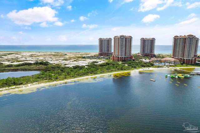 drone / aerial view featuring a water view