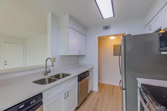 kitchen featuring white cabinetry, sink, stainless steel appliances, and light wood-type flooring