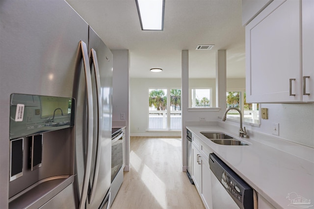 kitchen featuring white cabinetry, appliances with stainless steel finishes, sink, and light wood-type flooring