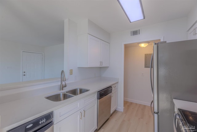 kitchen with light wood-type flooring, appliances with stainless steel finishes, sink, and white cabinets