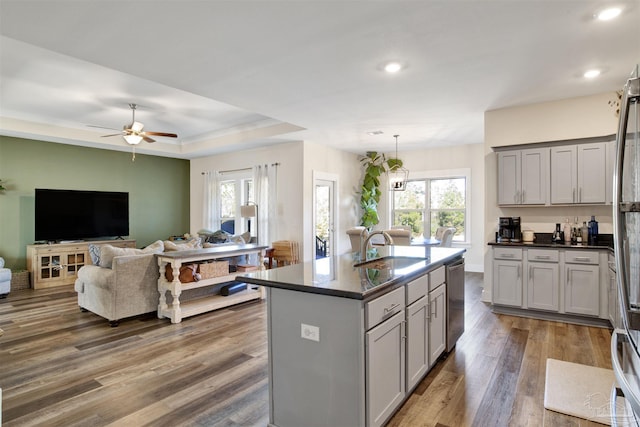 kitchen featuring sink, dark hardwood / wood-style floors, a tray ceiling, gray cabinetry, and a center island with sink