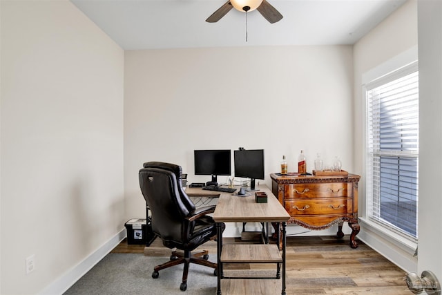 office area featuring ceiling fan and hardwood / wood-style floors