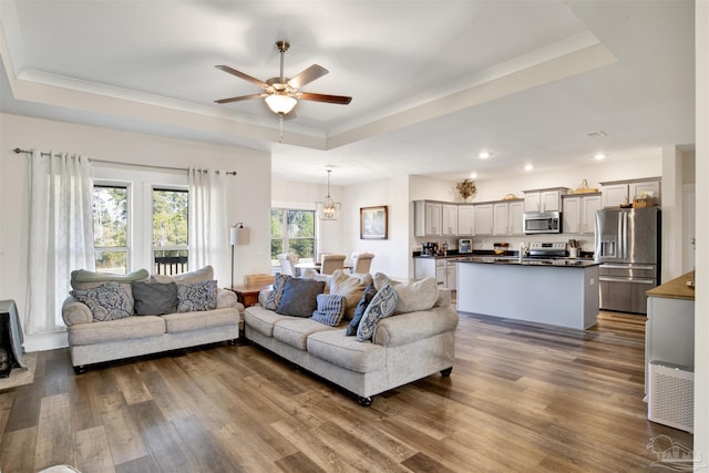 living room with dark hardwood / wood-style floors, ceiling fan with notable chandelier, a tray ceiling, and ornamental molding