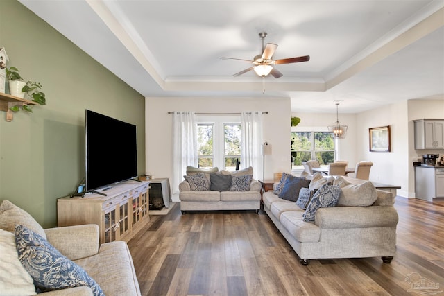 living room with dark hardwood / wood-style flooring, ceiling fan with notable chandelier, and a tray ceiling