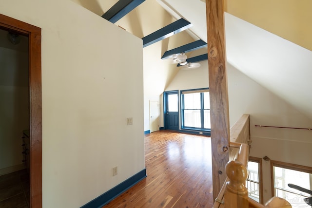 431 E Zarragossa St Unit B, Pensacola, FL 32502 - hall featuring baseboards, wood finished floors, high vaulted ceiling, and beam ceiling