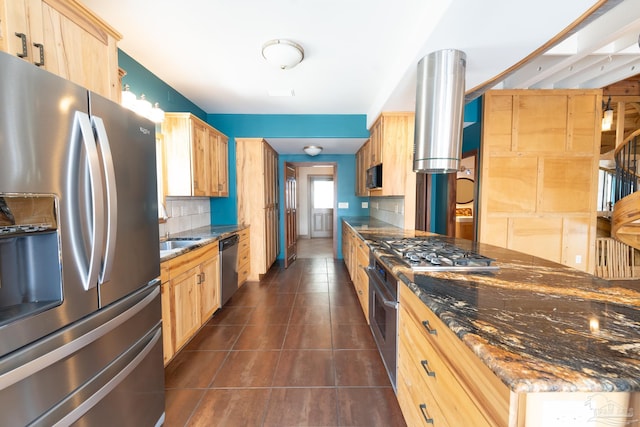 431 E Zarragossa St Unit B, Pensacola, FL 32502 - kitchen featuring appliances with stainless steel finishes, light brown cabinetry, backsplash, and dark tile patterned floors