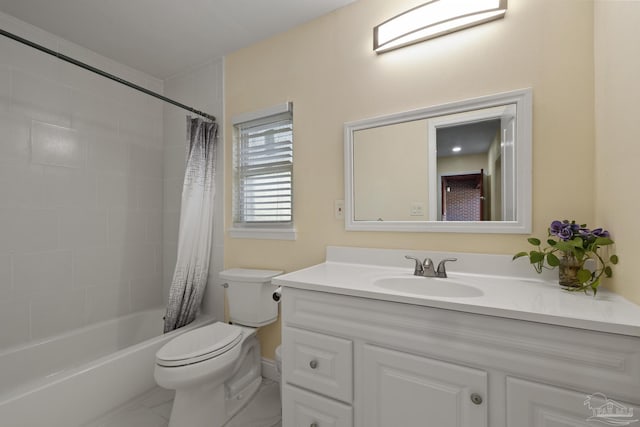 full bathroom with toilet, vanity, and shower / bath combo with shower curtain