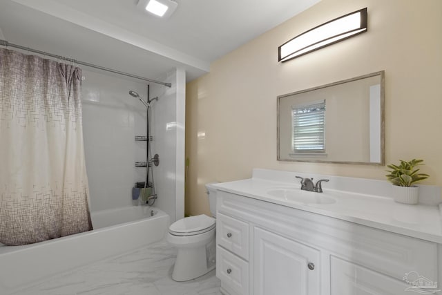 full bathroom with shower / bath combination with curtain, vanity, and toilet