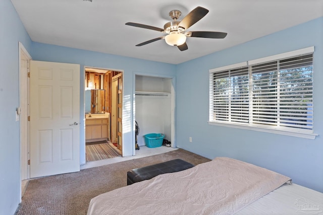 bedroom with a closet, a ceiling fan, carpet flooring, and ensuite bathroom