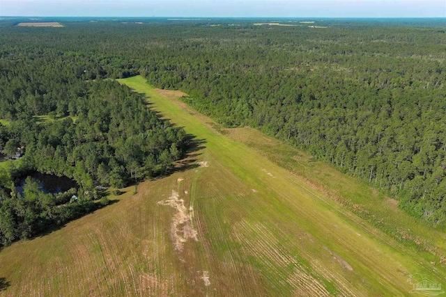 birds eye view of property featuring a wooded view