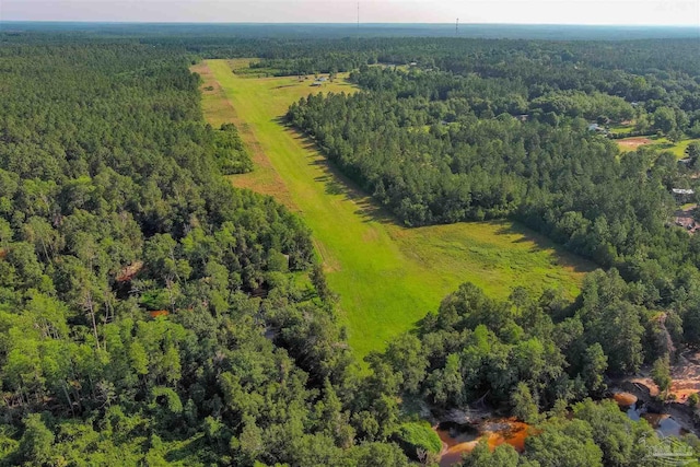 bird's eye view with a wooded view