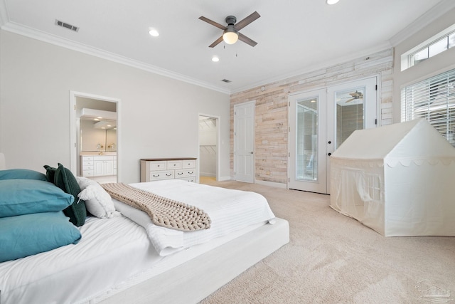 bedroom with recessed lighting, light carpet, visible vents, ornamental molding, and french doors