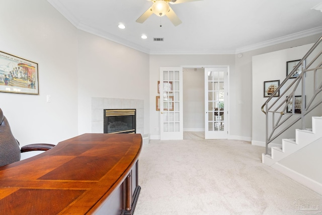 home office with french doors, visible vents, ornamental molding, light carpet, and baseboards