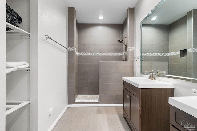 full bathroom featuring recessed lighting, baseboards, a walk in shower, and vanity