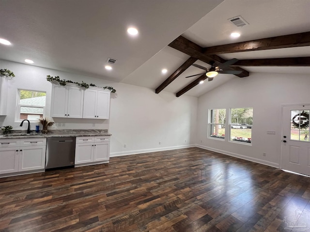 kitchen with white cabinetry, sink, ceiling fan, and stainless steel dishwasher