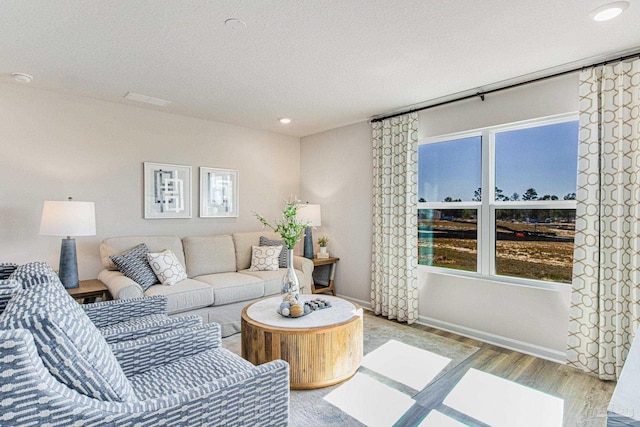 living room with a textured ceiling, light hardwood / wood-style floors, and a wealth of natural light