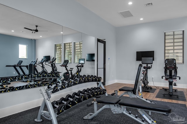 gym featuring wood-type flooring and ceiling fan