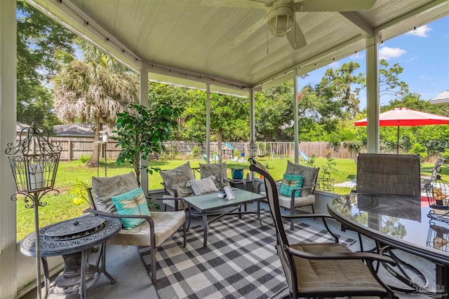 2543 Bayview Way, Pensacola, FL 32503 - sunroom / solarium featuring ceiling fan, outdoor dining space, outdoor lounge area, and healthy amount of natural light