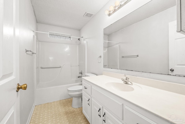 full bathroom featuring shower / tub combination, vanity, a textured ceiling, and toilet