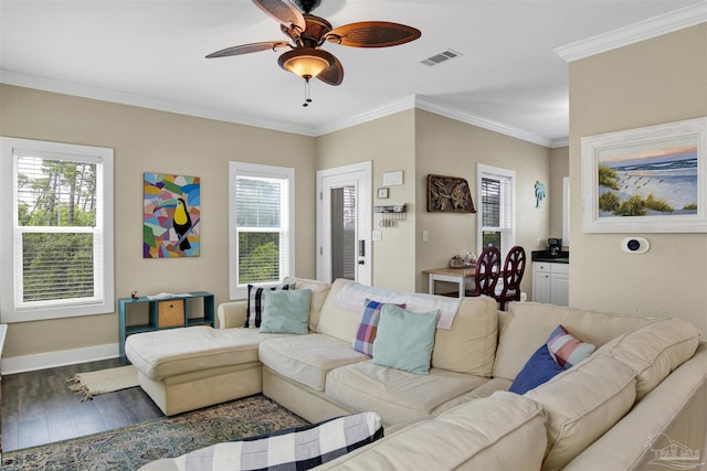 13555 Perdido Key Dr Unit A17U, Pensacola, FL 32507 - living area featuring dark wood-style flooring, plenty of natural light, crown molding, and ceiling fan