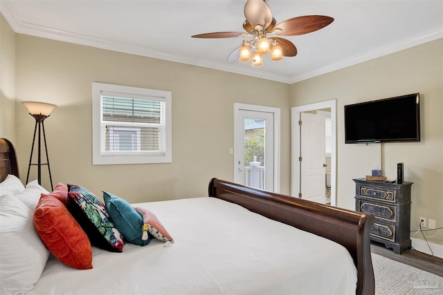 13555 Perdido Key Dr Unit A17U, Pensacola, FL 32507 - bedroom featuring access to outside, multiple windows, crown molding, wood finished floors, and a ceiling fan