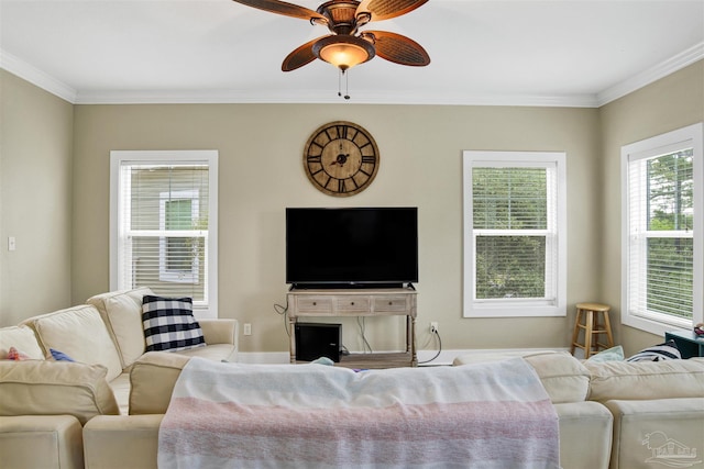 13555 Perdido Key Dr Unit A17U, Pensacola, FL 32507 - living room featuring ornamental molding and ceiling fan