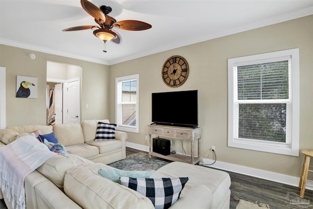 13555 Perdido Key Dr Unit A17U, Pensacola, FL 32507 - living room featuring ornamental molding, a ceiling fan, and dark wood finished floors