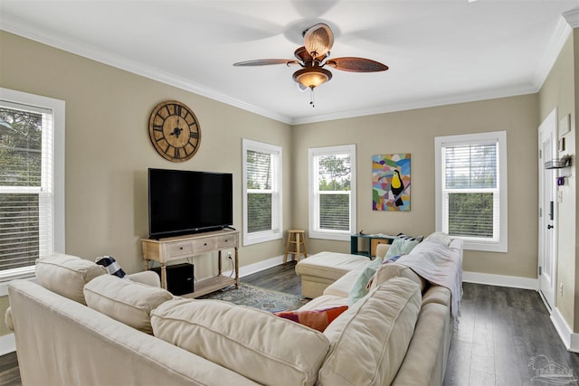 13555 Perdido Key Dr Unit A17U, Pensacola, FL 32507 - living room with healthy amount of natural light, a ceiling fan, dark wood-style flooring, and ornamental molding