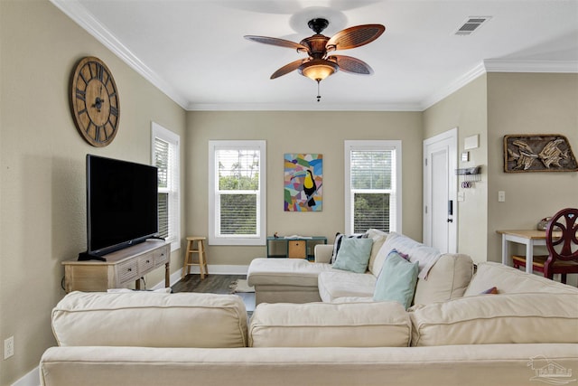 13555 Perdido Key Dr Unit A17U, Pensacola, FL 32507 - living room featuring dark wood-style floors, plenty of natural light, ceiling fan, and ornamental molding
