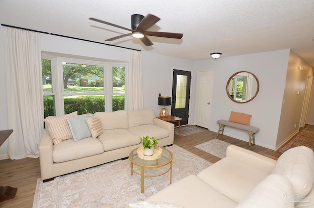 living room with ceiling fan, light hardwood / wood-style flooring, and a textured ceiling