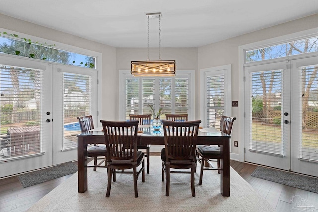 dining room with french doors, plenty of natural light, and wood finished floors