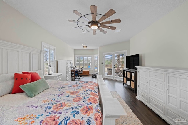 bedroom with a textured ceiling, visible vents, a ceiling fan, access to outside, and dark wood-style floors