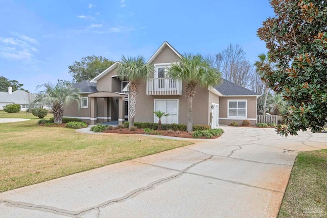 view of front of property with a front yard, driveway, a balcony, and stucco siding