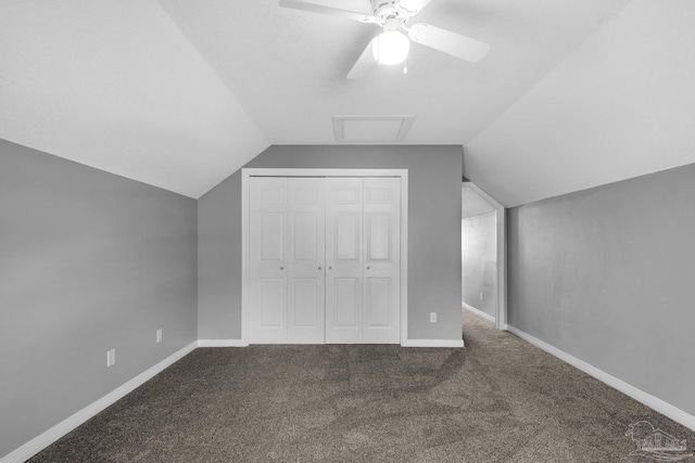 bonus room featuring carpet floors, ceiling fan, and vaulted ceiling