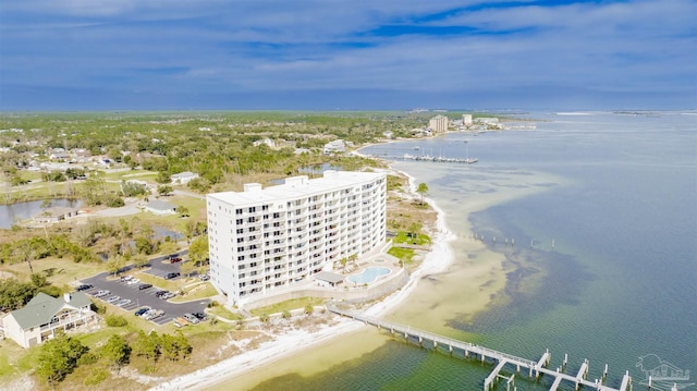 bird's eye view featuring a water view and a view of the beach