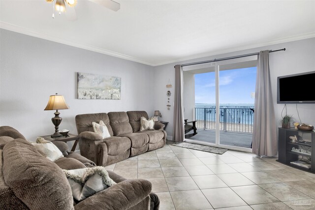 154 Ethel Wingate Dr Unit 109, Pensacola, FL 32507 - living room featuring ceiling fan, ornamental molding, and light tile patterned floors