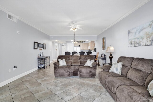 154 Ethel Wingate Dr Unit 109, Pensacola, FL 32507 - tiled living room with crown molding and ceiling fan with notable chandelier