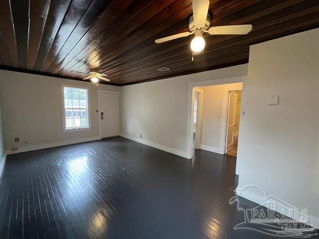 unfurnished room featuring a ceiling fan, wood ceiling, dark wood-style flooring, and baseboards