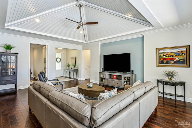 living area featuring baseboards, a ceiling fan, and dark wood finished floors