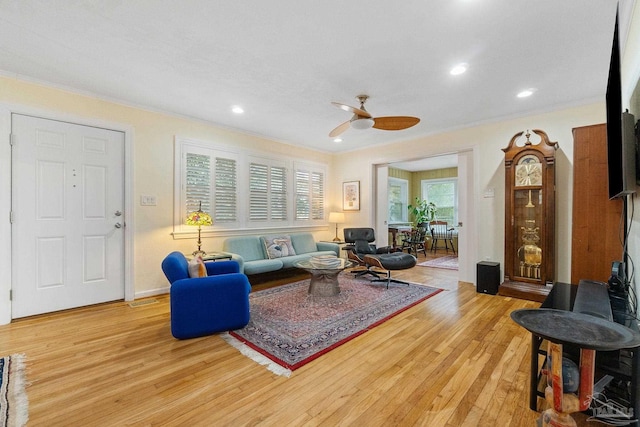 living room with light wood-type flooring, ceiling fan, and ornamental molding