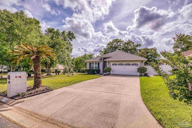 ranch-style house with a front lawn, driveway, a garage, and roof with shingles