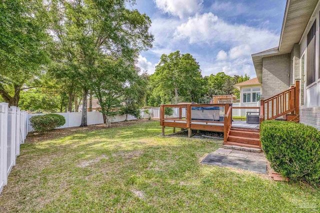 view of yard featuring a fenced backyard and a wooden deck