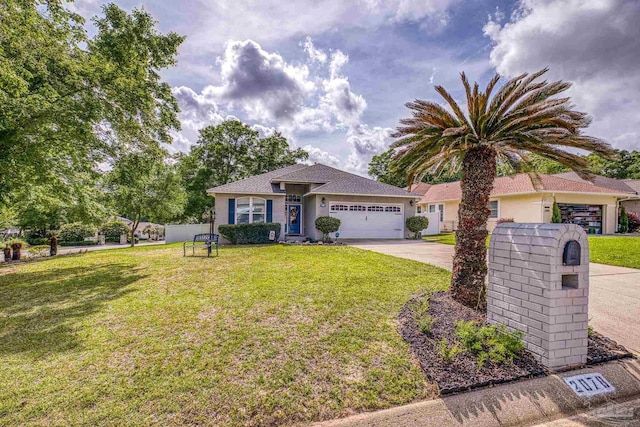 single story home with a garage, a front lawn, and driveway