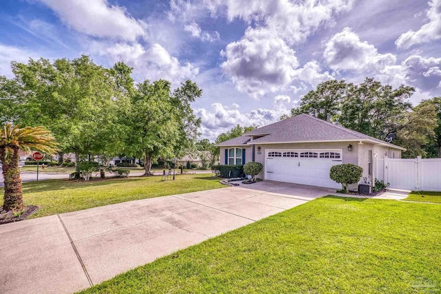 single story home featuring driveway, a shingled roof, a front yard, an attached garage, and fence